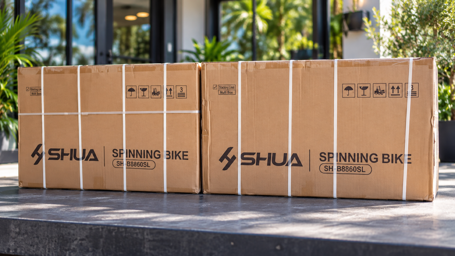 Two newly delivered boxed stationary bikes